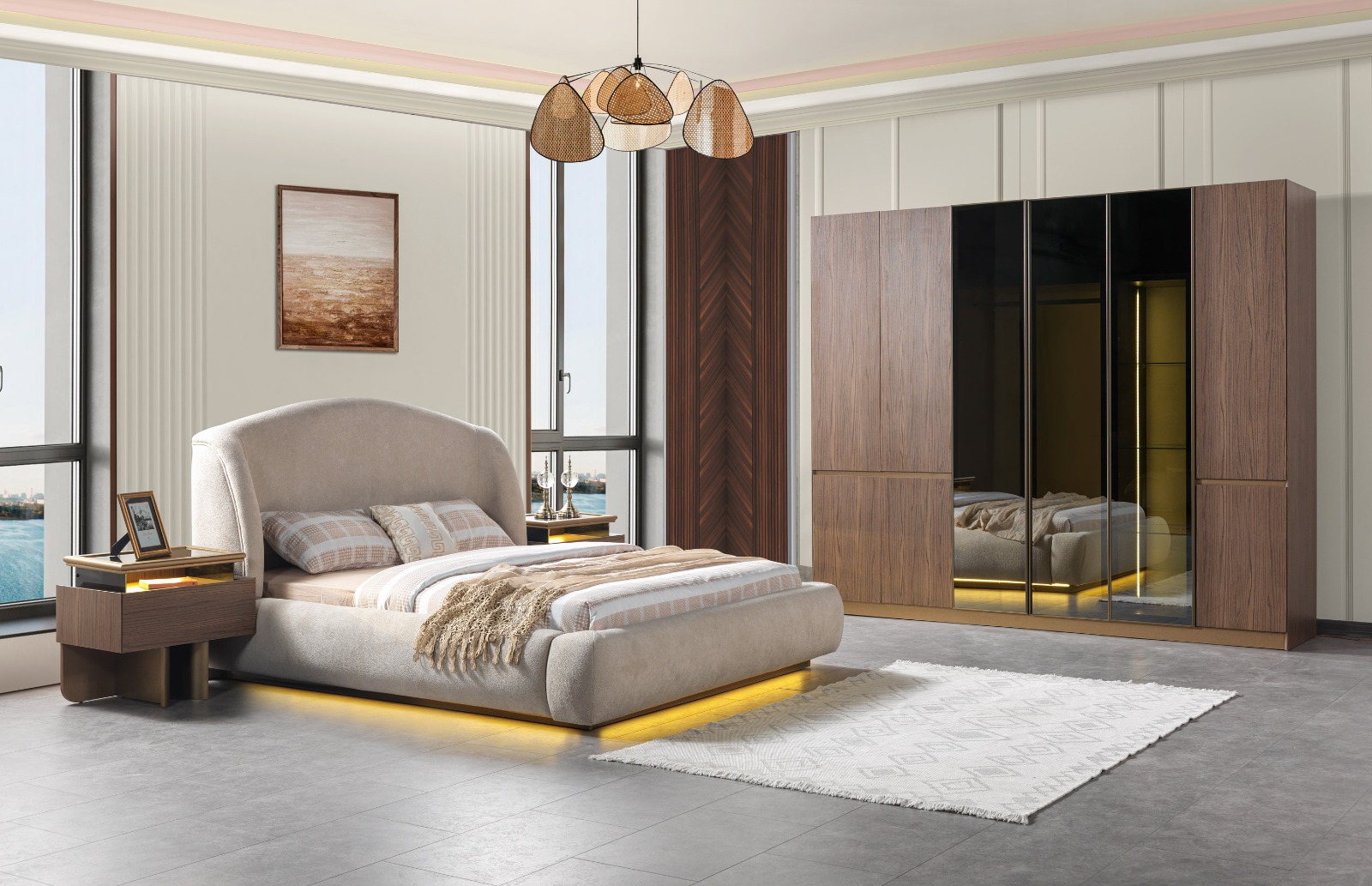 Gardırop + 2 Ad Komidin + Şifonyer + Karyola (Bazalı)